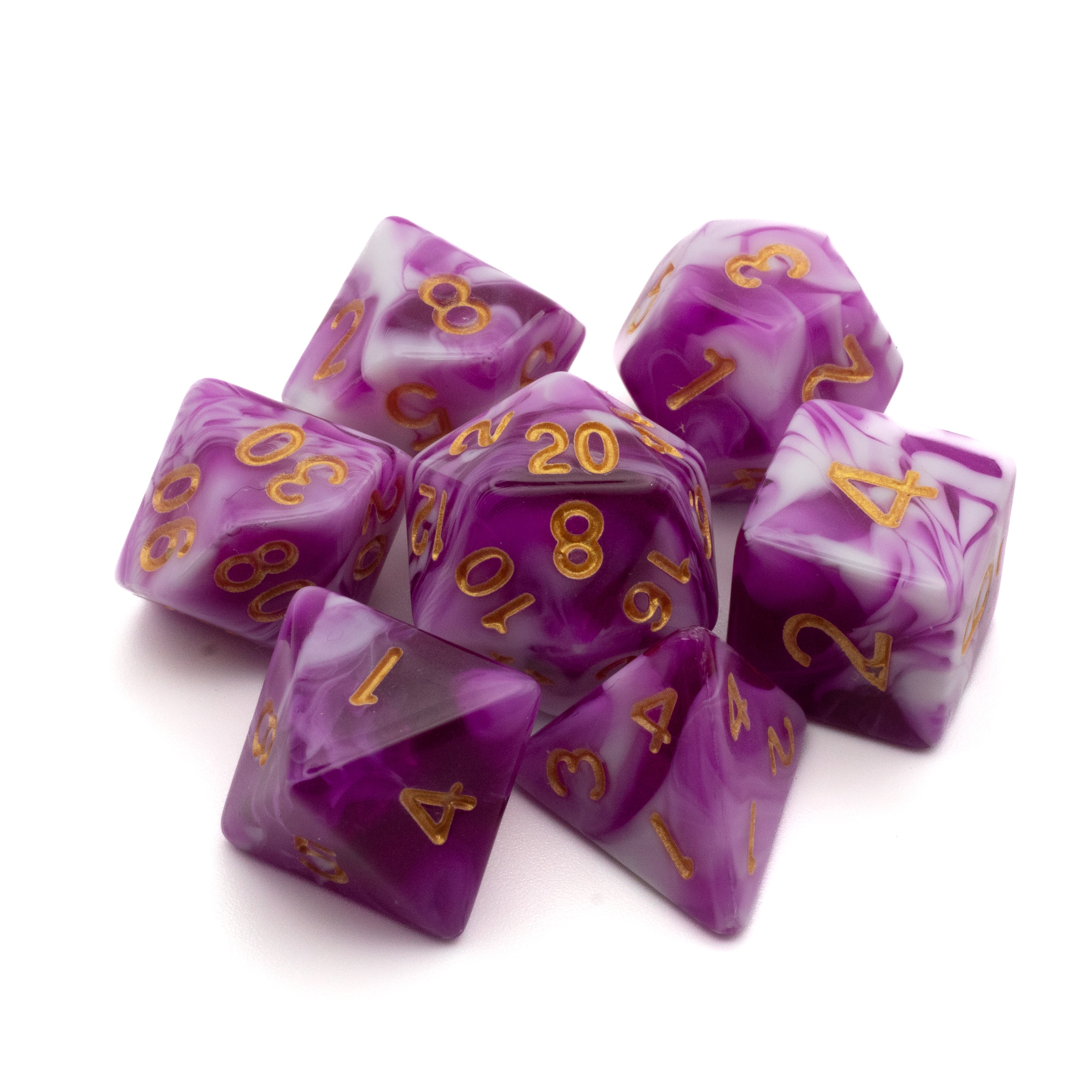 Purple and White Marbled Dice Set - Purple and white marbled polyhedral dice set with gold numbers, including d20, d12, d10, d8, d6, and d4.