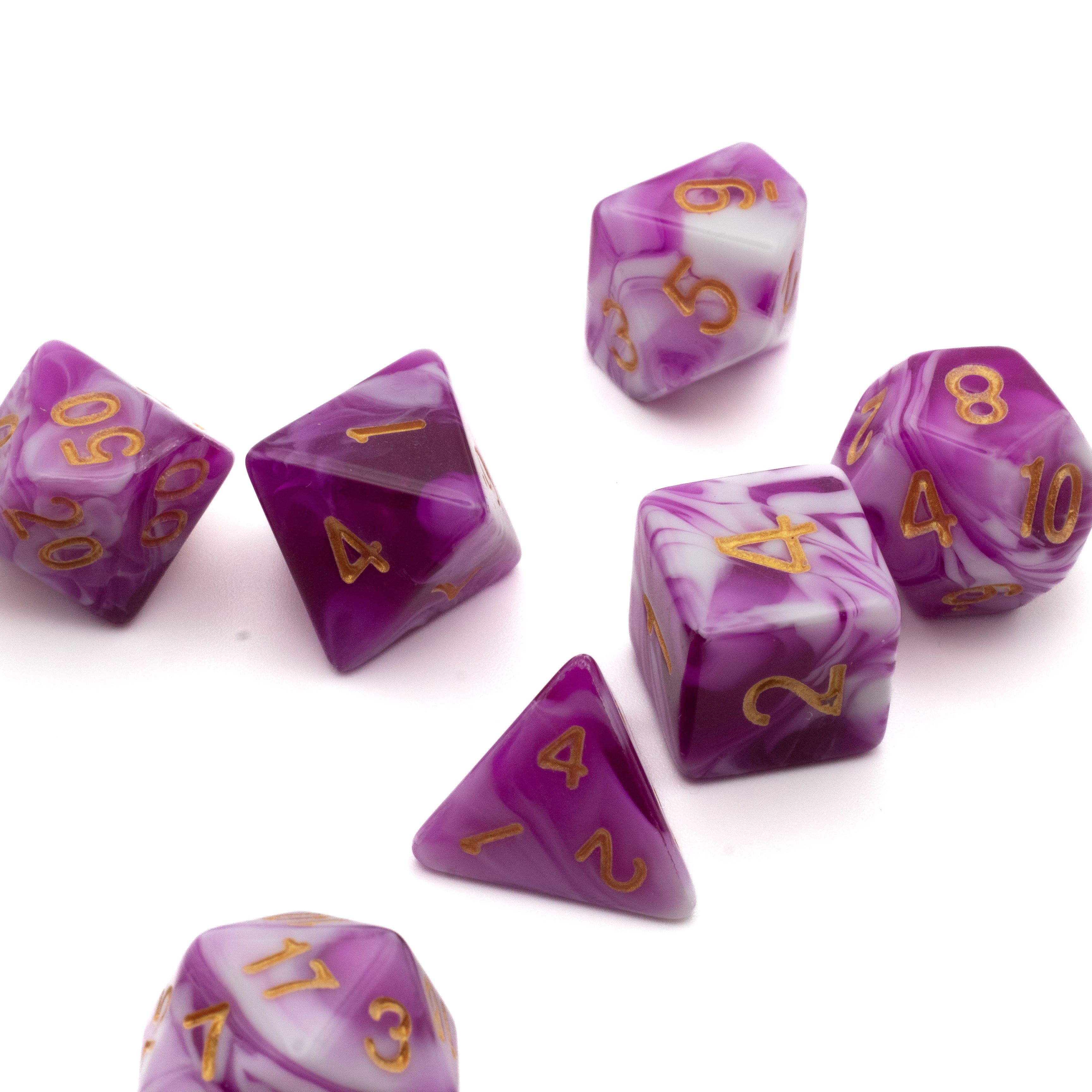 Purple and White Marbled Dice Set - Purple and white marbled dice set with gold numbers, including d4, d6, d8, d10, d12, and d20.