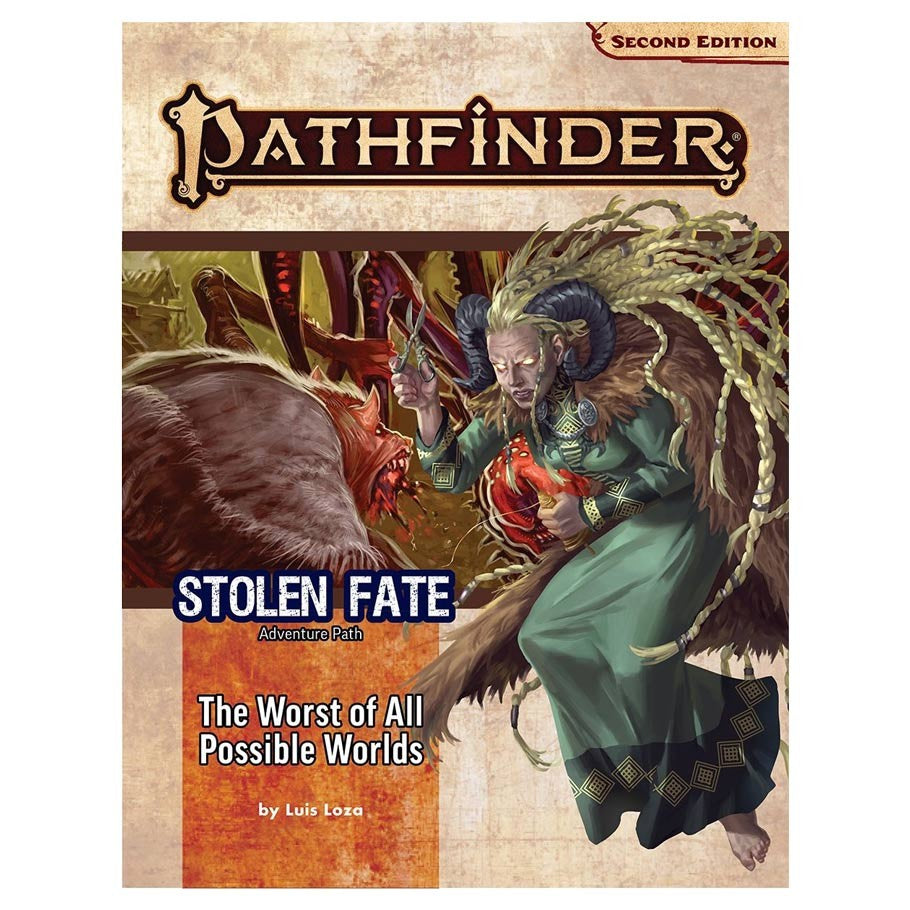 Pathfinder 2nd Edition: Adventure Path: Worst of All Stolen Fate 3/3 - Pathfinder 2nd Edition Stolen Fate book cover with a horned demon and a robed woman casting magic.