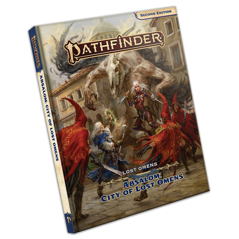 Pathfinder 2E: Absalom City of Lost Omens - Pathfinder Second Edition book cover featuring fantasy characters battling a large stone golem in a cityscape.