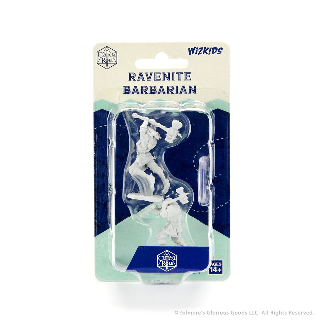 Critical Role Mini: Ravenite Barbarian - Unpainted Ravenite Barbarian miniature in dynamic battle pose with raised axe on circular base.