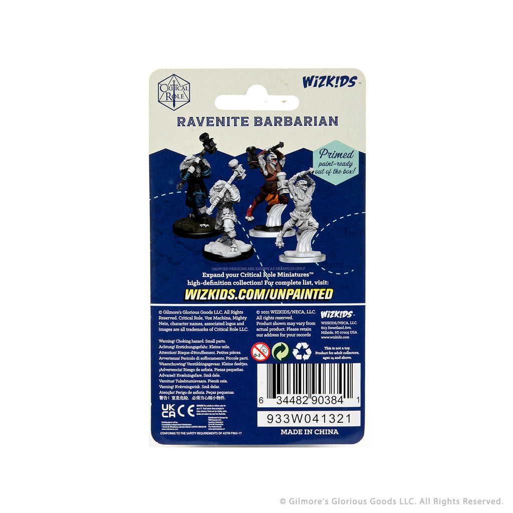 Critical Role Mini: Ravenite Barbarian - Three unpainted Ravenite Barbarian miniature figures in dynamic battle poses with fantasy armor and weapons on black bases.