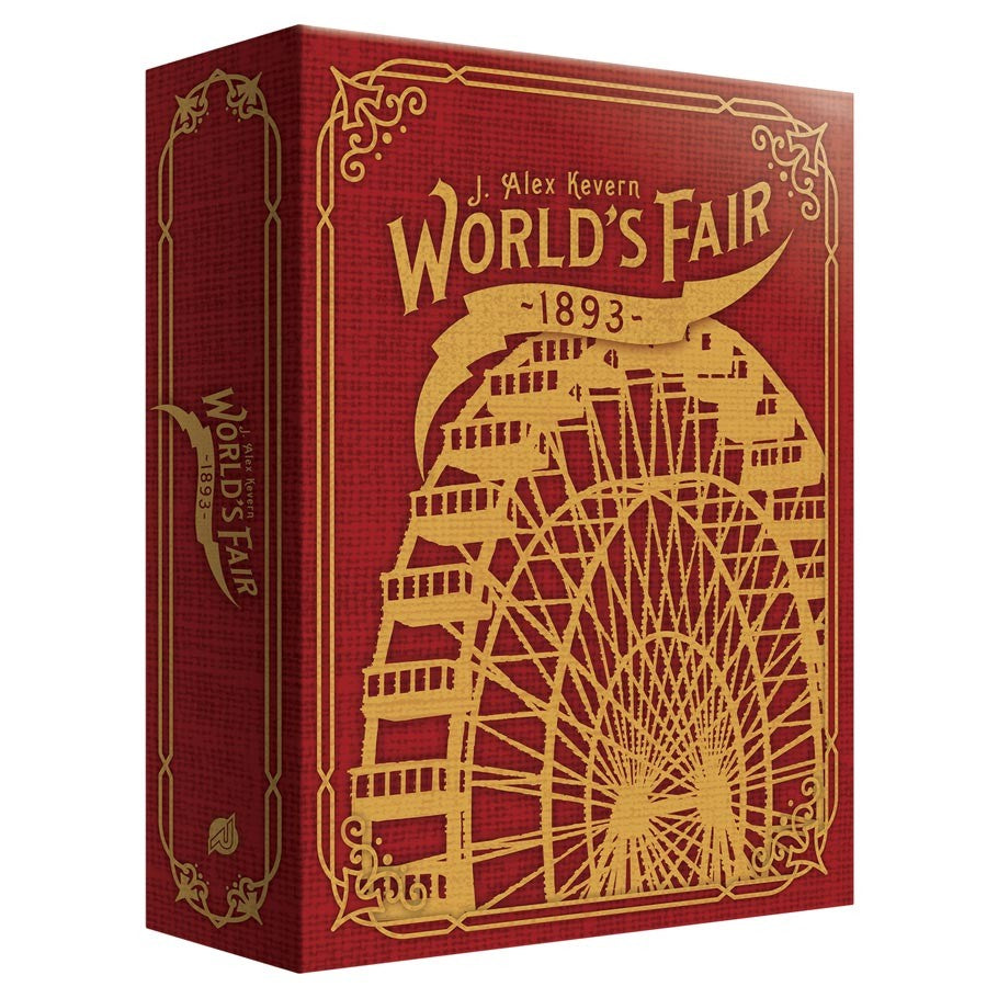 World's Fair 1893 - Red and gold World's Fair 1893 game box with intricate Ferris wheel and decorative border design.