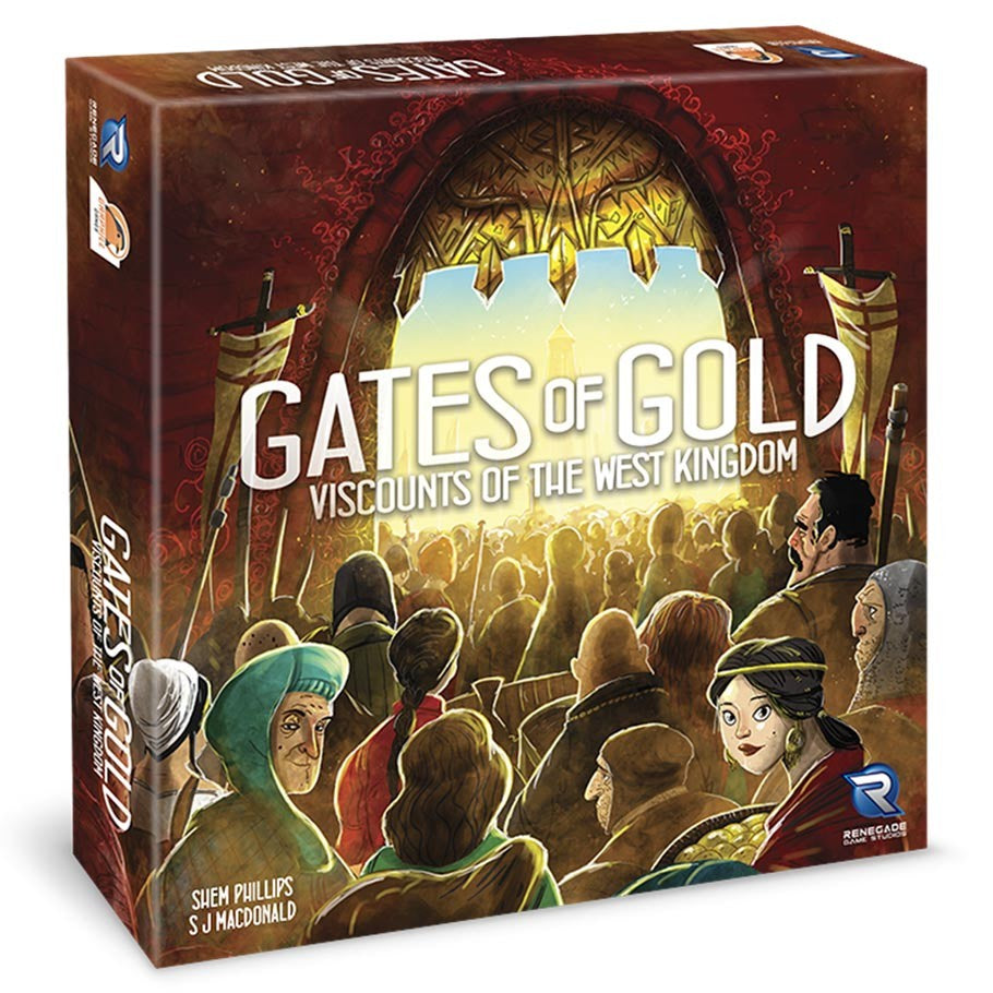 Viscounts of the West Kingdom: Gates of Gold - Gates of Gold expansion box for Viscounts of the West Kingdom with medieval crowd and golden gate illustration.