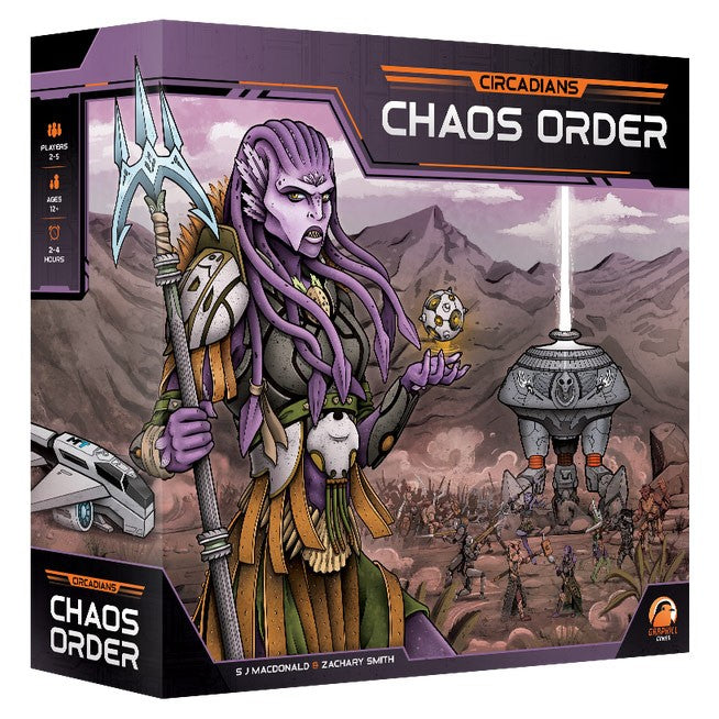 Circadians: Chaos Order - Board game box featuring a purple-skinned alien commander holding a trident and strategic device against a mountainous.