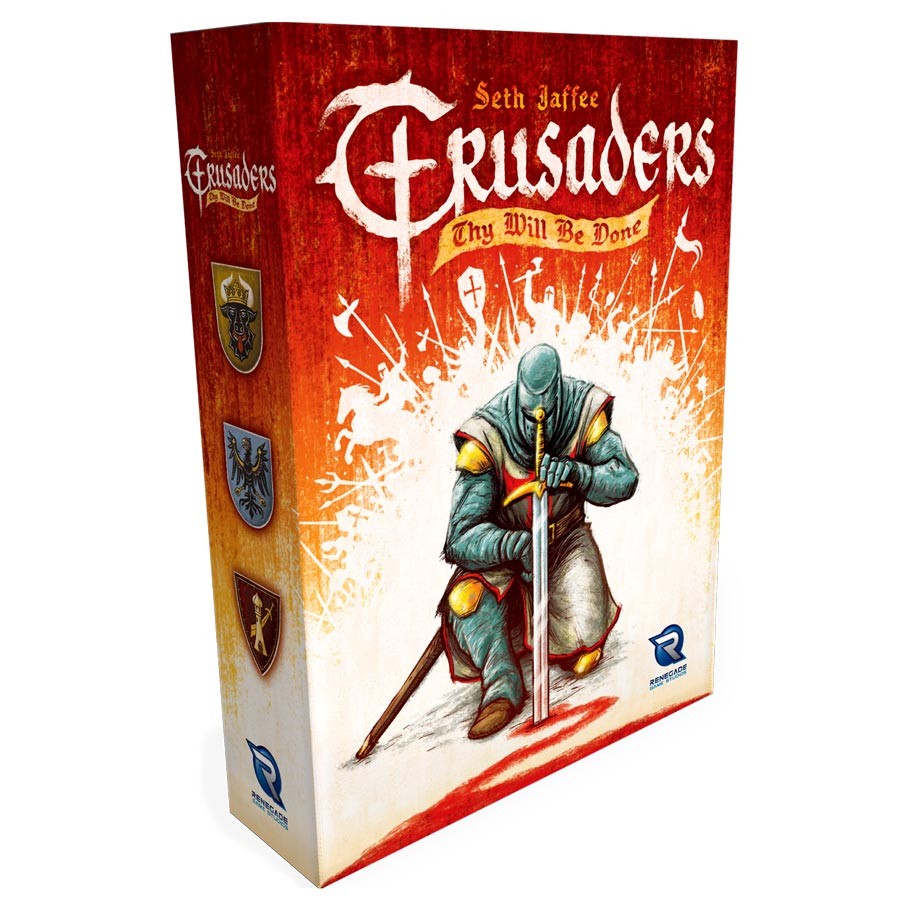 Crusaders: Thy Will Be Done - Thy Will Be Done strategy board game box featuring a armored knight kneeling with a sword on a fiery background.