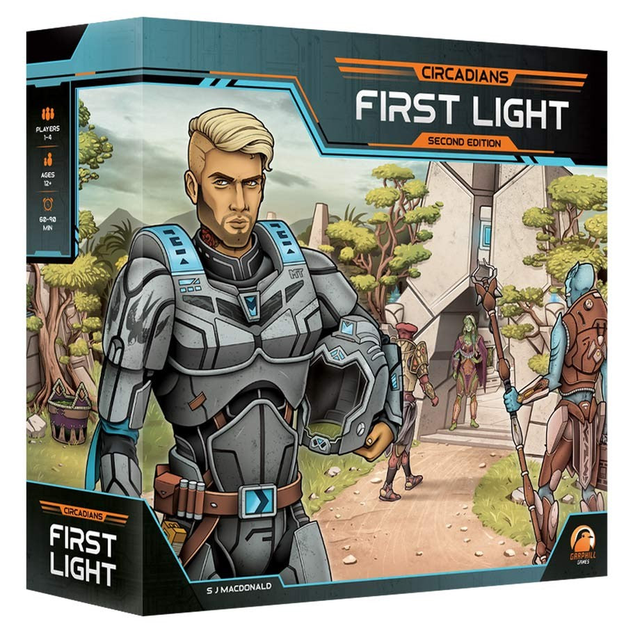 Circadians: First Light: Second Edition - Strategy board game box featuring a futuristic soldier in armor and sci-fi landscape background.