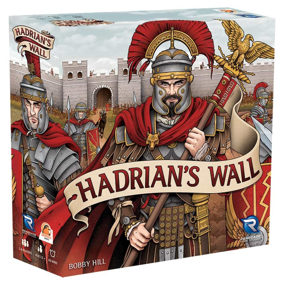 Hadrian's Wall - Board game box with Roman soldiers and castle wall illustration, titled Hadrian's Wall.
