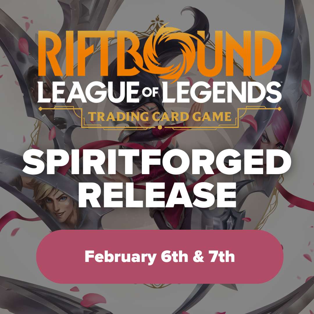 Promotional graphic for 'Riftbound League of Legends Trading Card Game' Spiritforged release event on February 6th & 7th.