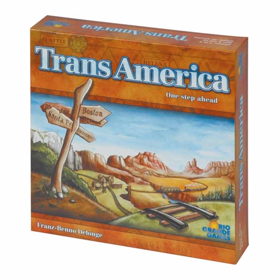 Trans America - Trans America board game box with desert landscape and wooden signpost showing Boston road.
