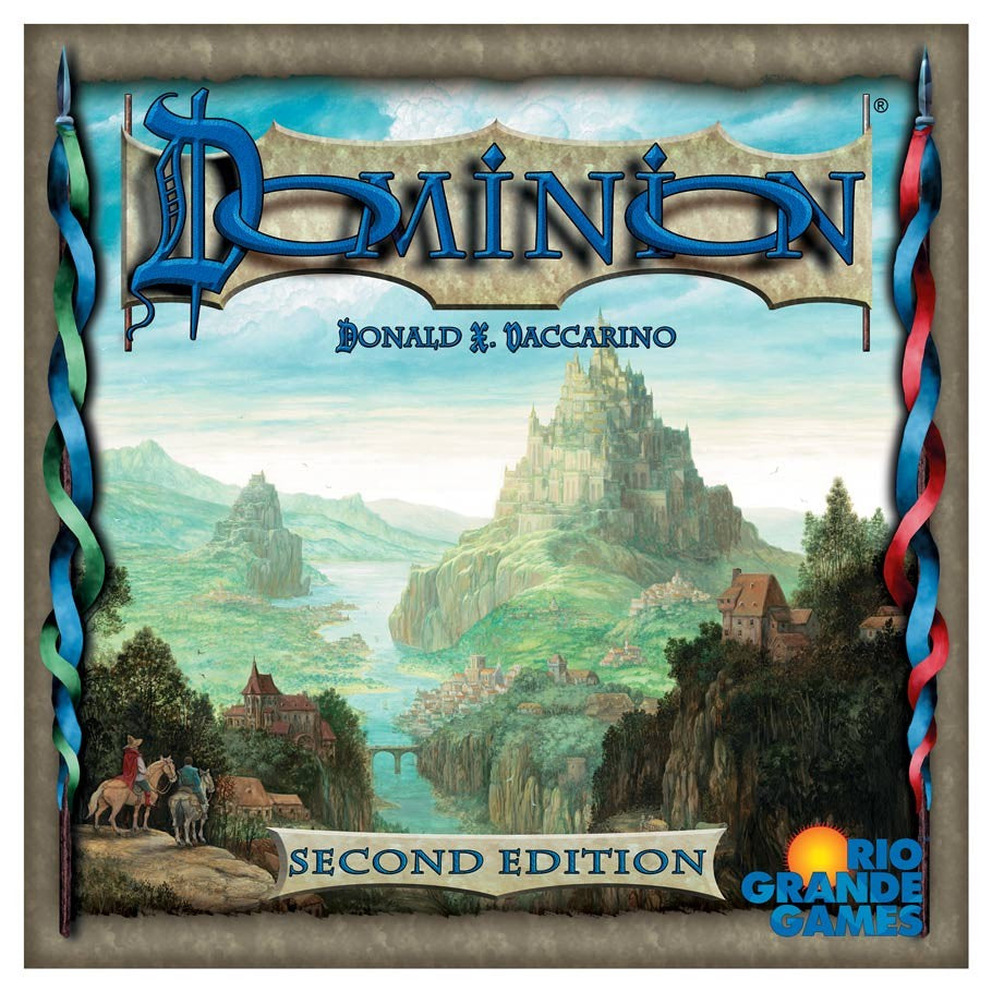 Dominion 2E - Dominion 2E board game box featuring medieval castle and landscape artwork with blue title text.
