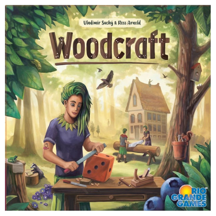 Woodcraft - Woodcraft strategy board game cover with a character rolling a wooden die in a forest setting.