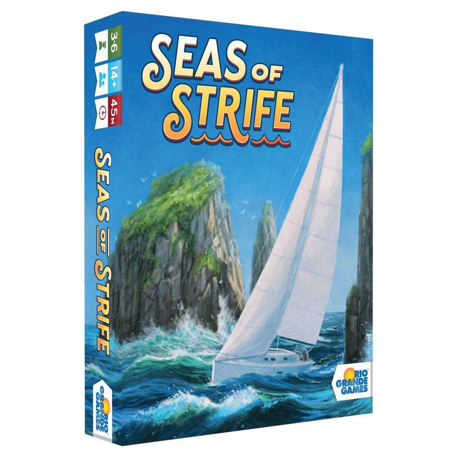 Seas of Strife - Seas of Strife card game box with ocean waves, rocky cliffs, and a white sailing boat on blue background.