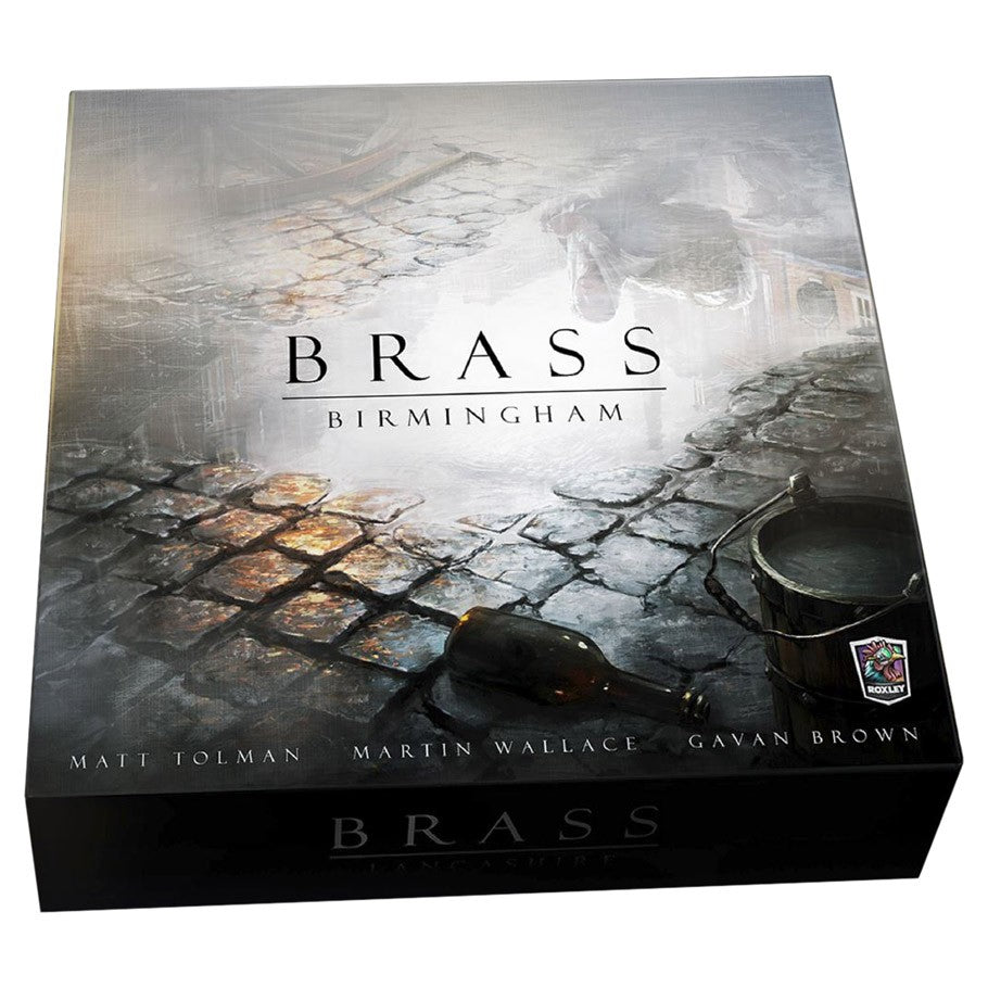 Brass Birmingham - Brass Birmingham strategy board game box with cobblestone street and industrial cityscape background.