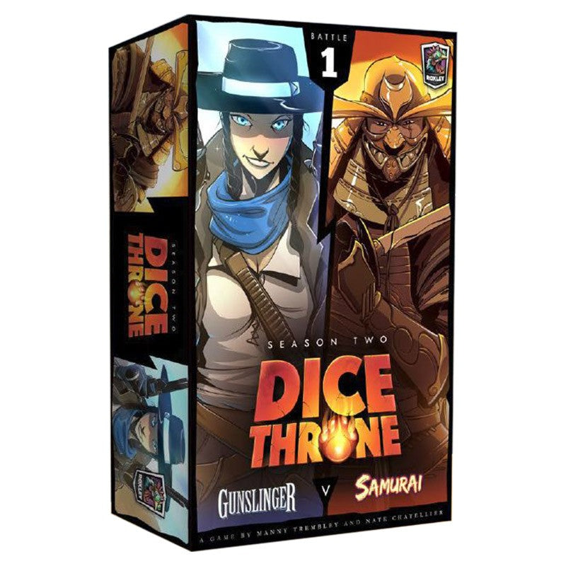 Dice Throne: S2: Gunslinger vs Samurai - Dice Throne Season Two box featuring Gunslinger and Samurai characters, vibrant illustrated cover, battle 1 duel design.