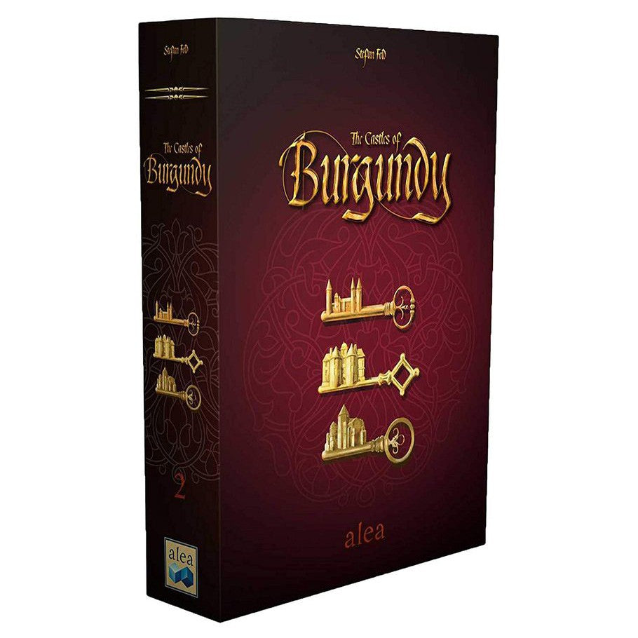 Castles of Burgundy 20th Anniversary - Castles of Burgundy 20th Anniversary board game box with burgundy background and gold key and castle icons.