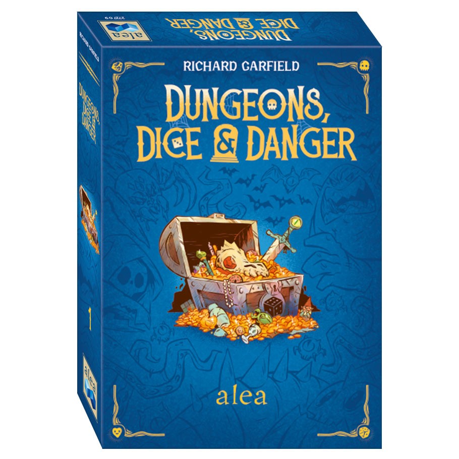 Dungeons, Dice & Danger - Dungeons, Dice & Danger game box with treasure chest illustration on blue background.