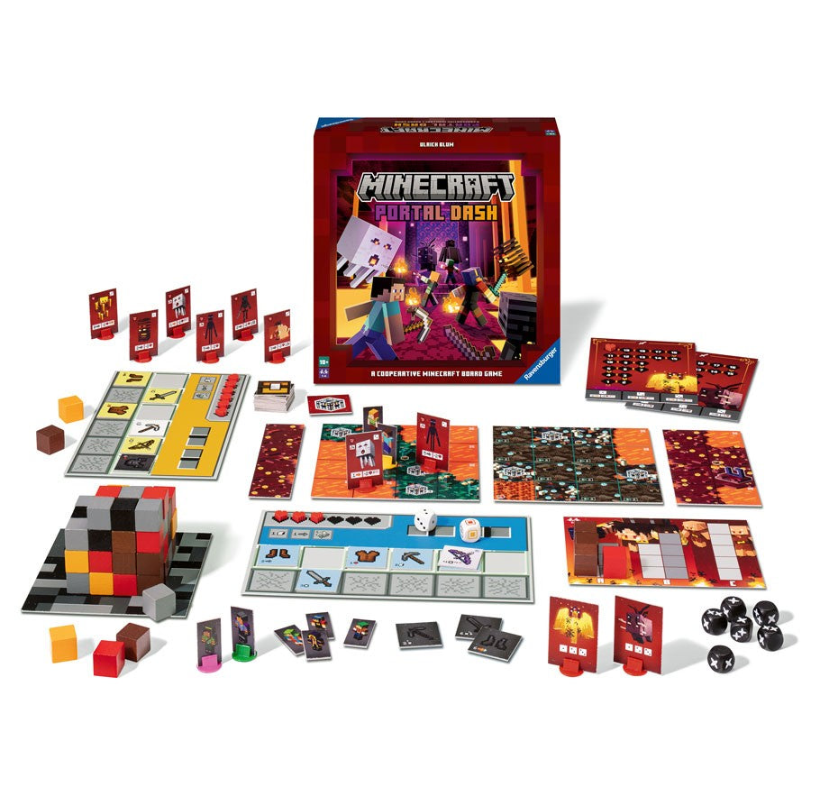 Minecraft: Portal Dash - Portal Dash board game with colorful character cards, dice, game board pieces, and a pixelated pig figure.