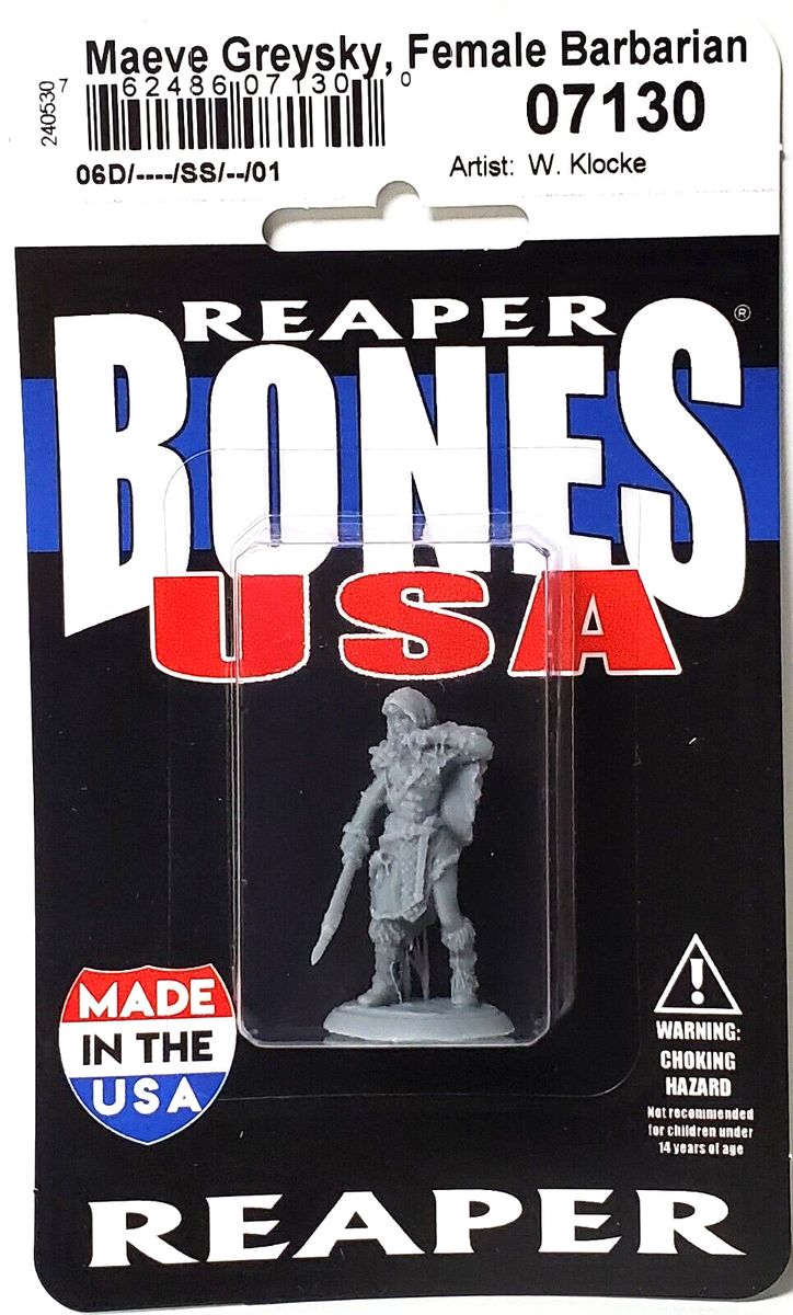 Maeve Greysky, Female Barbarian - Unpainted gray resin miniature of a female barbarian warrior with a sword and shield on a base.