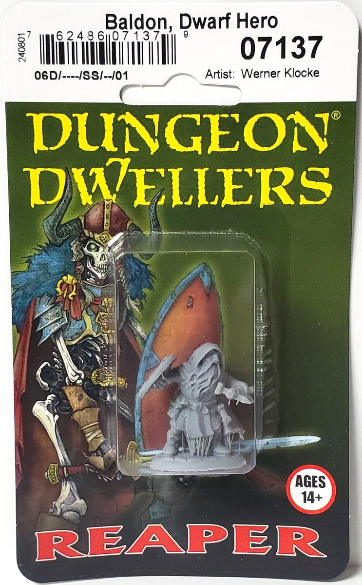 Baldon, Dwarf Hero - Gray plastic miniature figurine of a dwarf warrior holding a hammer, unpainted and mounted on a round base, packaged on a.