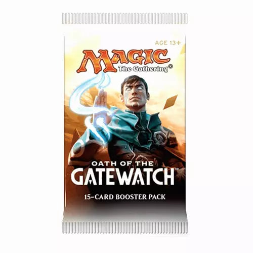 Magic: The Gathering - Oath of the Gatewatch Booster Pack - The Gathering Oath of the Gatewatch booster pack with artwork of a focused male mage casting a glowing spell, white and.