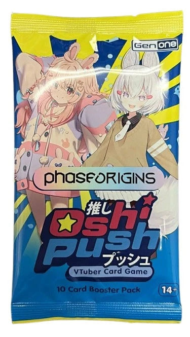 Oshi Push TCG: Gen One Phase Origins - Booster Pack - Colorful booster pack for Oshi Push TCG with anime-style characters on blue, yellow, and pink background.
