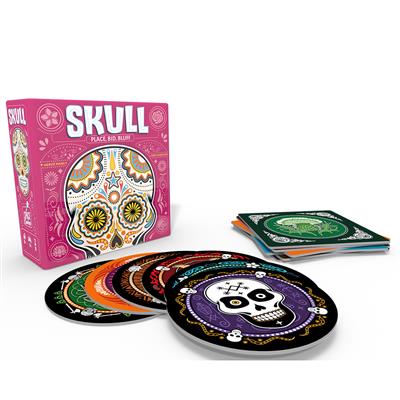 Skull - Skull card game box with colorful sugar skull design and circular playing cards fanned out.