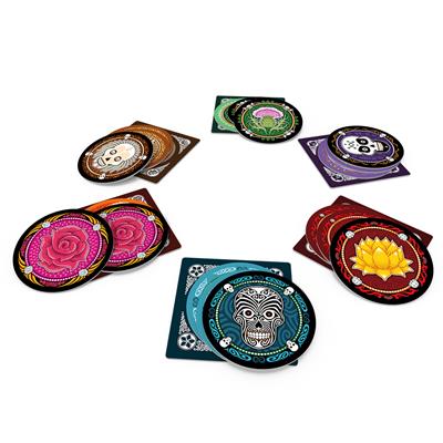Skull - Circular playing cards with colorful skull and floral designs in sets of brown, green, purple, pink, blue, and red.
