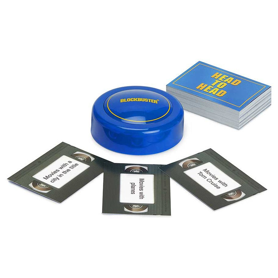 The Blockbuster Game - Blue buzzer with "Blockbuster" label, stack of blue and gray cards labeled "Head to Head," and three black question cards.