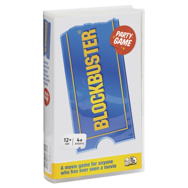 The Blockbuster Game - Blockbuster game box with blue and yellow design labeled party game, suitable for 12+ and 4+ players.