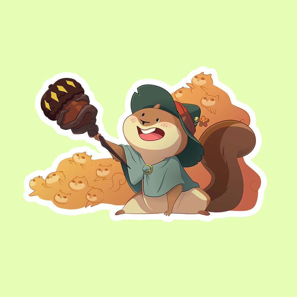 Squirrelmancer Sticker - Cute squirrel wizard sticker holding a staff, wearing a green hat and cloak with acorn-like creatures behind.