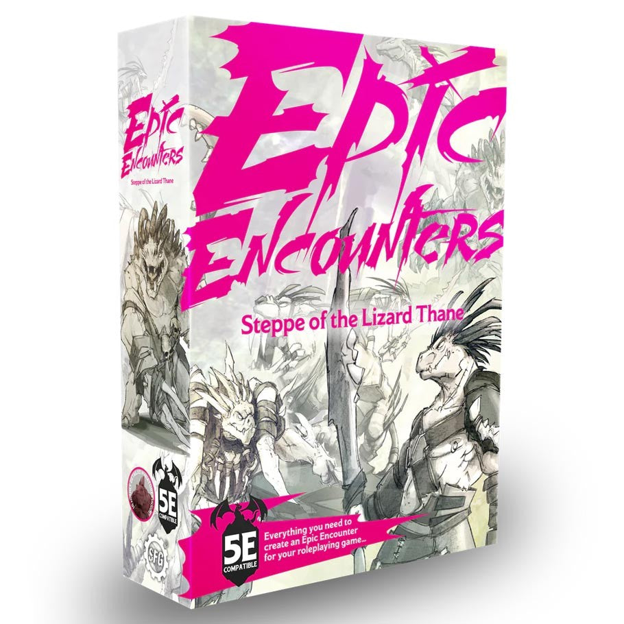 Epic Encounters: Steppe of the Lizard Thane - Steppe of the Lizard Thane tabletop RPG adventure box with dynamic character sketches and bold pink lettering.