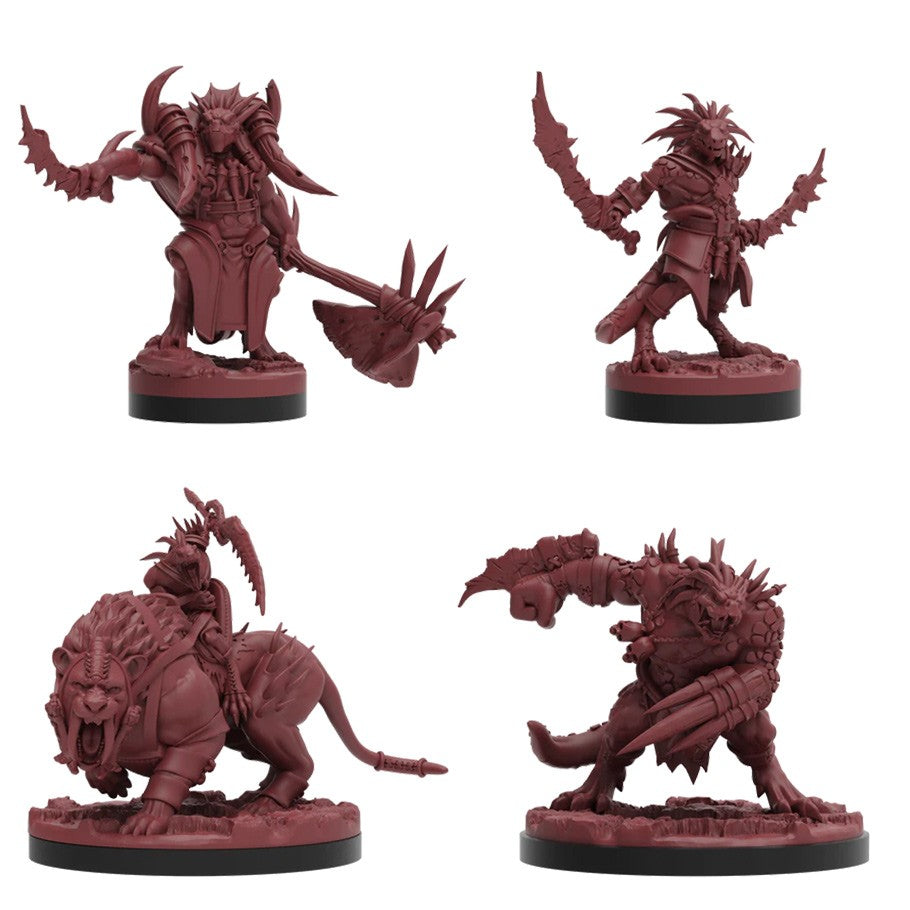 Epic Encounters: Steppe of the Lizard Thane - A horned armored warrior with a spiked mace, a reptilian warrior wielding a curved blade, a large beast with armored plating .