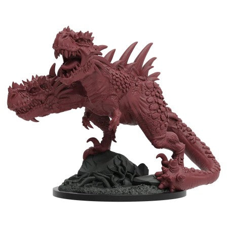Epic Encounters: Nest of the Dinosaur - Two-headed spiked dinosaur miniature in dark red on textured black base.