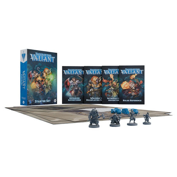 Tales of the Valiant Starter Set - Tales of the Valiant Starter Set with blue-themed box, three fantasy rulebooks, detailed character miniatures, and game mats
