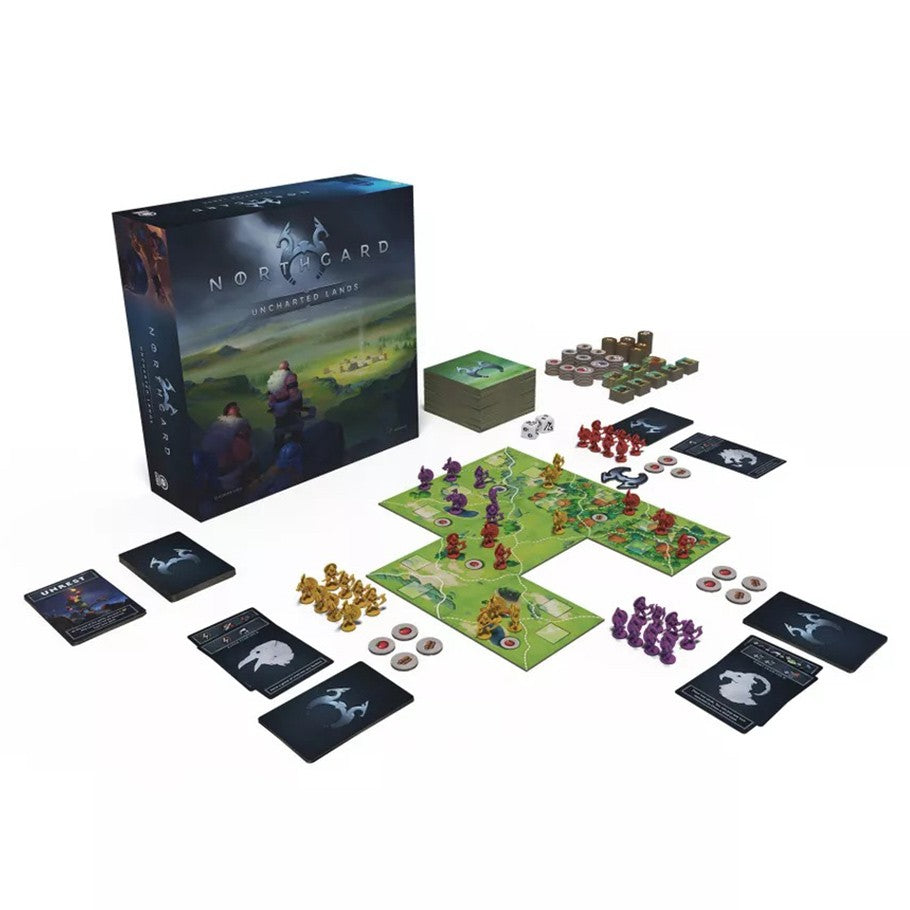 Northgard: Uncharted Lands - Uncharted Lands board game with modular hex tiles, purple and brown Viking miniatures, resource tokens, and black cards.