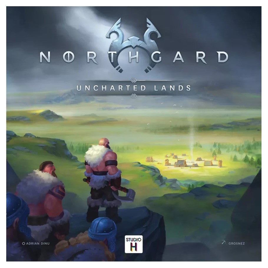 Northgard: Uncharted Lands - Uncharted Lands game cover with three Viking warriors overlooking a glowing village under a cloudy sky.