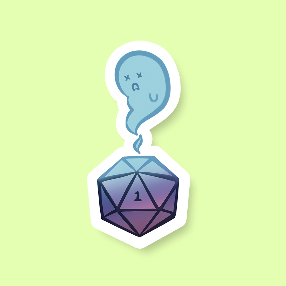 Supernatural 1 DnD Sticker - Purple and blue 20-sided die with a ghostly blue spirit emerging from it sticker on pale green background.