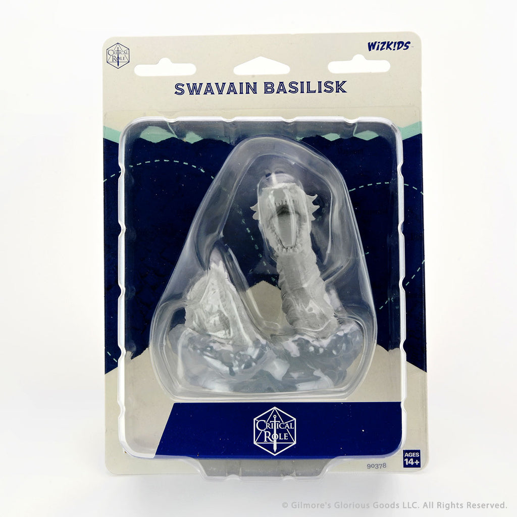 Critical Role Mini: Swavian Basilisk - Unpainted gray plastic miniature of a basilisk with detailed scales, coiled body, and raised head in blister pack labeled.
