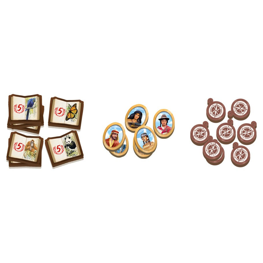 In the Footsteps of Darwin - Square cards with butterfly illustrations and number 15, round wooden tokens featuring portraits of explorers, and round.