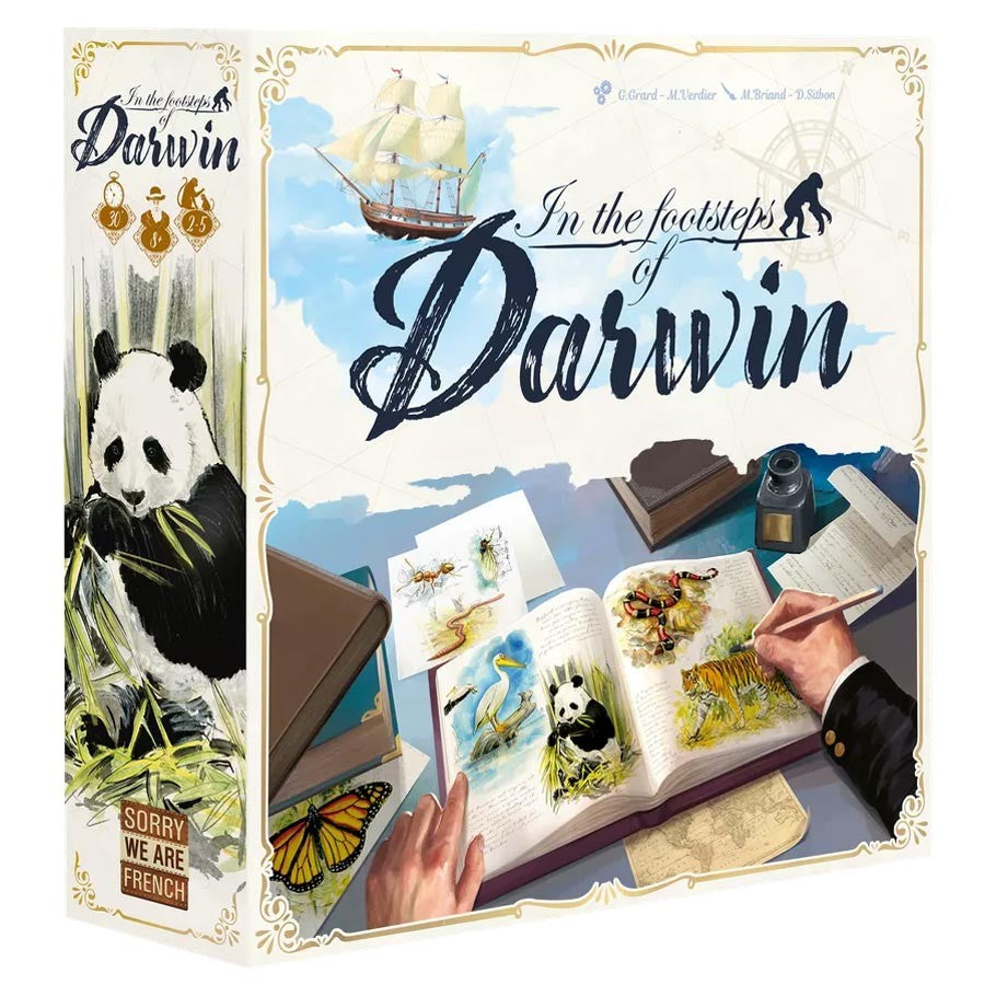 In the Footsteps of Darwin - Board game box featuring a panda, sailing ship, butterfly, and open book with animal illustrations and handwritten notes.