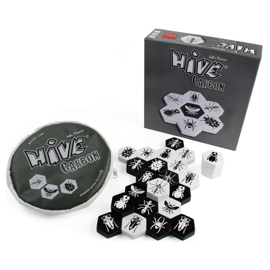 Hive Carbon - Hive Carbon strategy board game with black and white hexagonal tiles featuring insect illustrations, including packaging and .