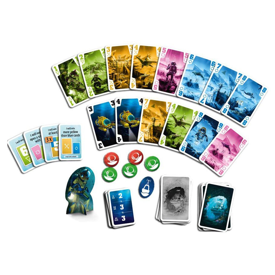 The Crew: Mission Deep Sea - Mission Deep Sea card game with colorful numbered mission cards, task cards, round tokens, and a submarine-themed standee.