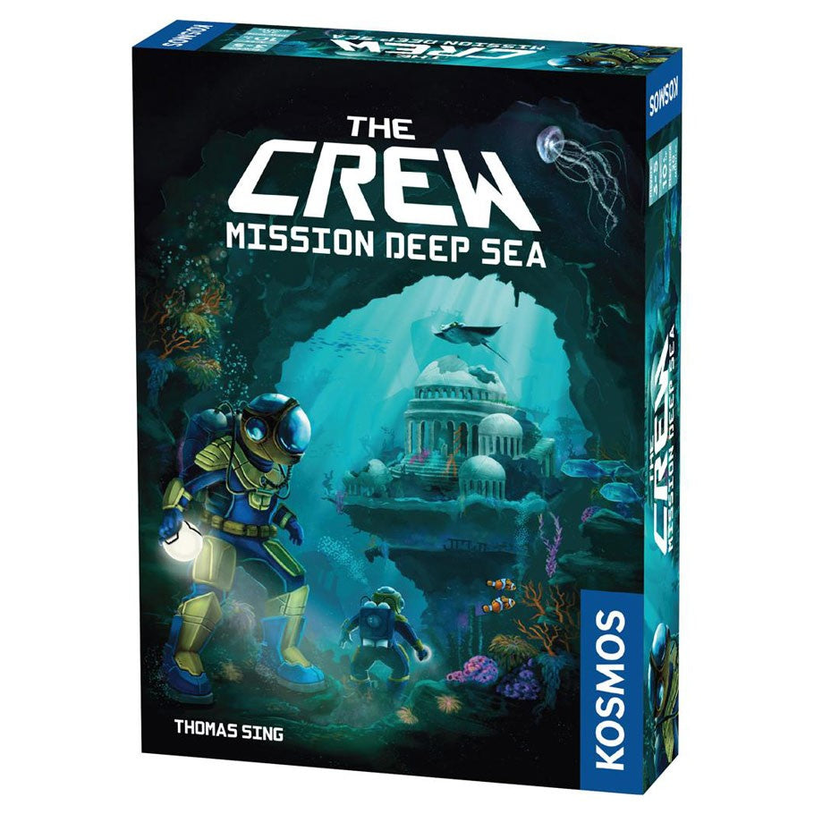The Crew: Mission Deep Sea - Card game box featuring underwater scene with divers and submerged city dome in blue-green tones.
