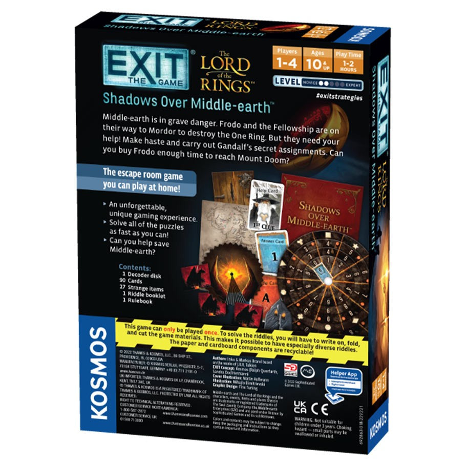 EXIT: LOTR: Shadows Over Middle-earth - LOTR Shadows Over Middle-earth game box featuring Lord of the Rings themed puzzle and family game branding.