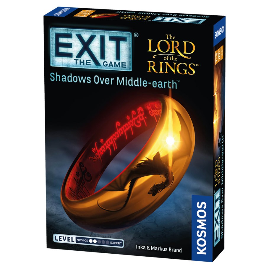 EXIT: LOTR: Shadows Over Middle-earth - Lord of the Rings themed EXIT board game box featuring the One Ring with glowing inscription on dark background.