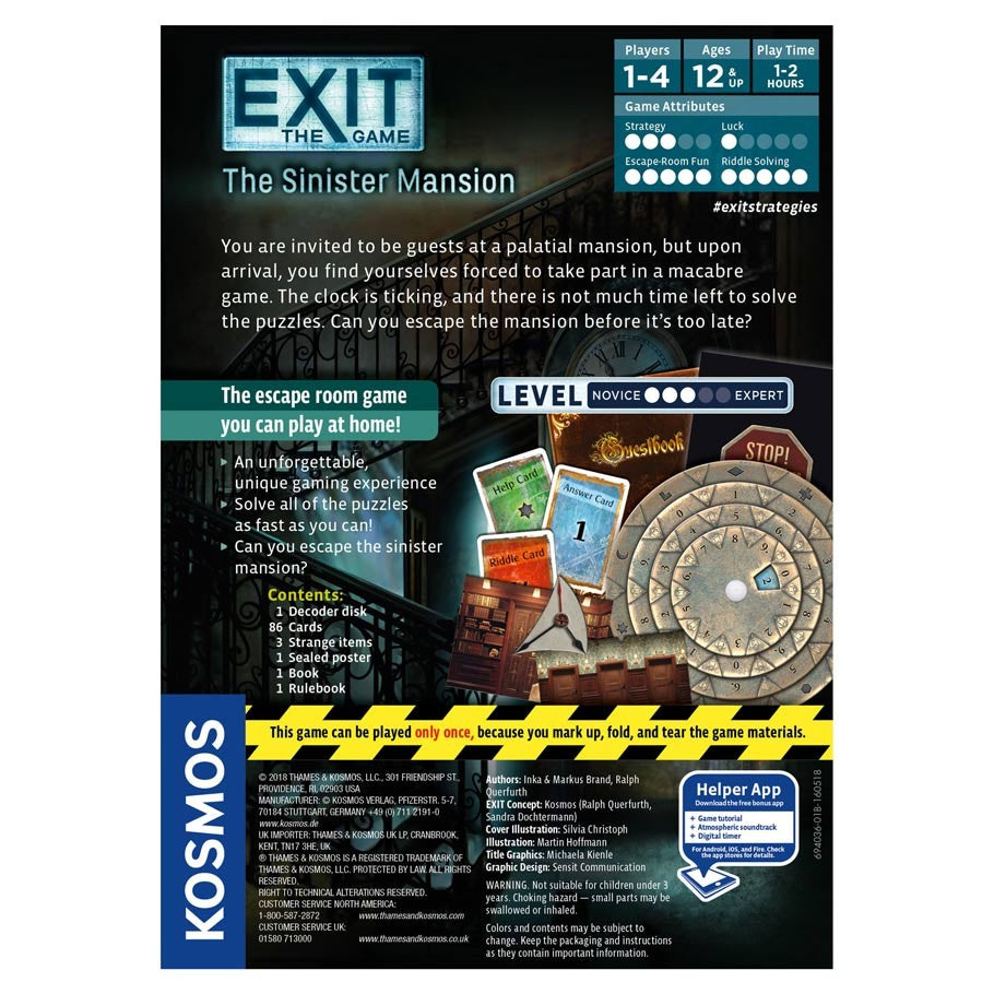 EXIT: The Sinister Mansion - EXIT The Sinister Mansion board game box with cards, rope, and puzzle elements for family play.