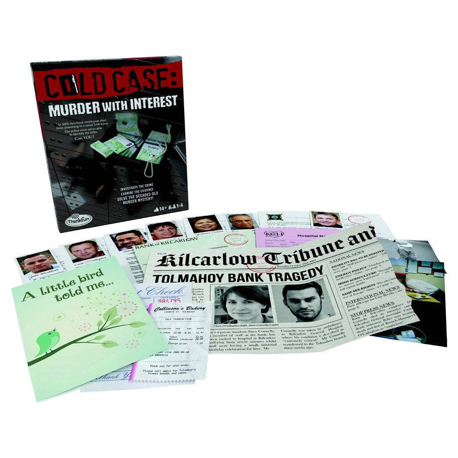 Cold Case: Murder With Interest - Murder With Interest board game with newspaper, photos, and clues on white background.