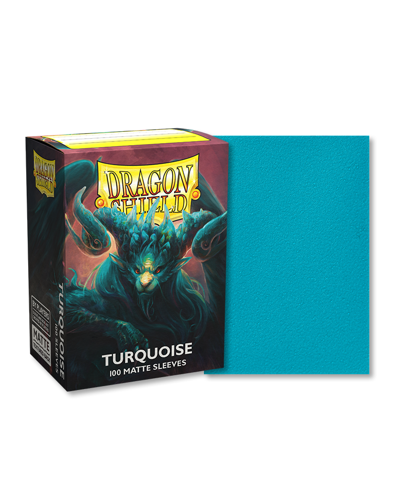 Dragon Shield 100ct Box - Matte Turquoise - Dragon Shield 100 count box with turquoise matte card sleeves and fantasy dragon artwork on packaging.