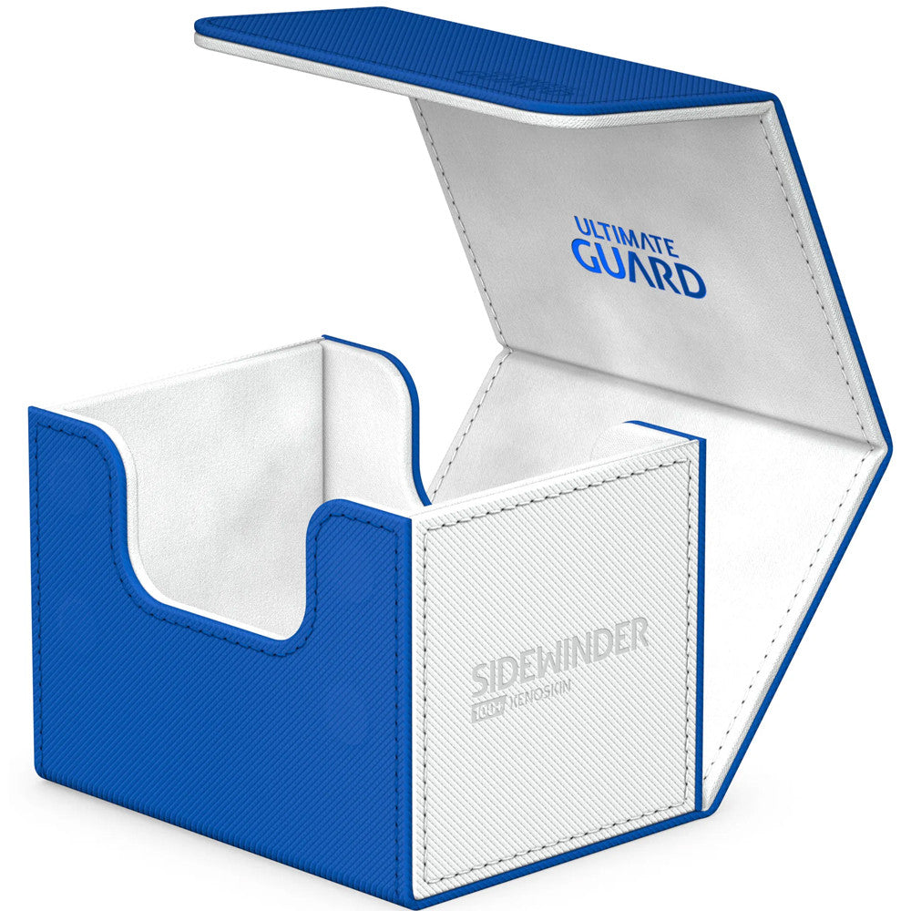Ultimate Guard Sidewinder 100+ Deck Box - Synergy White/Blue - Blue and white Ultimate Guard Sidewinder 100+ deck box with hinged lid and logo print.
